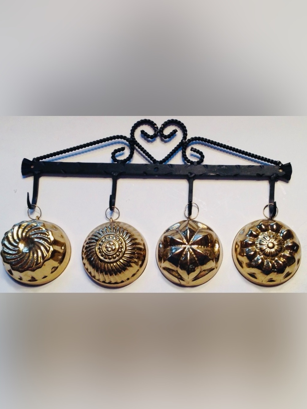 Wall Hanging Mini Brass Gelatin Molds with Black Wrought Iron Display Rack